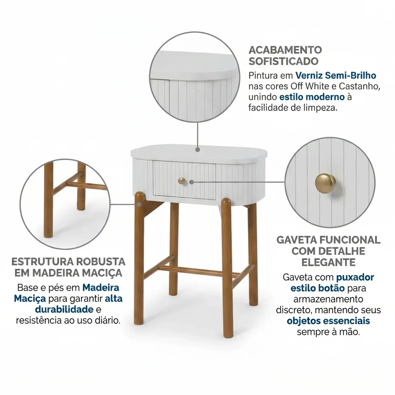 Ver imagem 4 de Mesa de Cabeceira 1 Gaveta em Madeira Maciça Aurora Off White/Castanho
