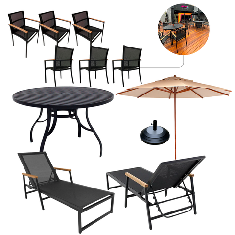 Jogo com Mesa Ripada 1,40m + 6 Cadeiras de Jardim e Piscina + Ombrelone