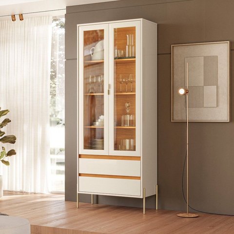 Cristaleira 2 Portas de Vidro e 2 Gavetas MDF Pés em Dourado 184CMX74CM Brisa Branco