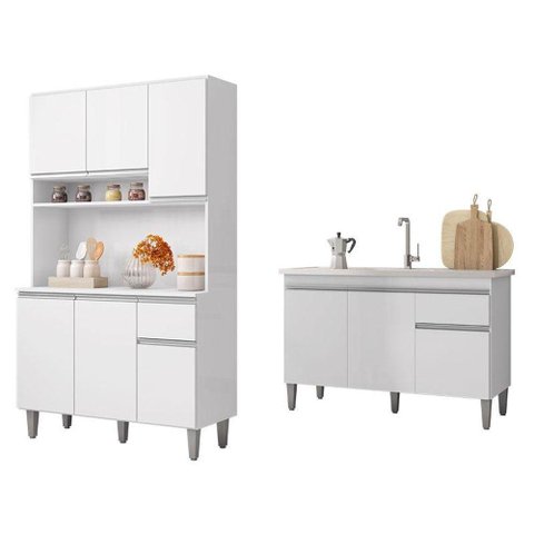 Balcão de Pia Tatiane 120 Cm e Armário Cozinha Kit Márcia Branco Brilho - Ajl