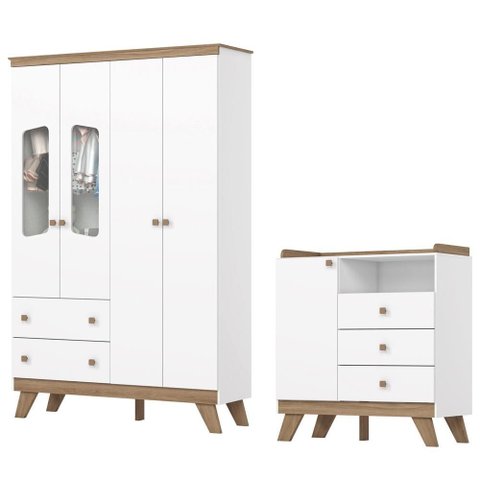 Guarda Roupa 4 Portas e Comoda 3 Gavetas Confete Branco Jequitiba Hp Henn