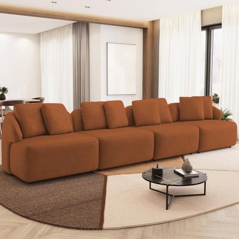 Sofá 5 Lugares para Sala de Estar Living 388cm Arlo F04 Veludo Telha - Lyam Decor