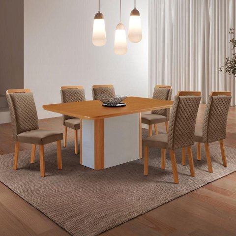 Conjunto de Jantar Isadora 6 Lugares Tampo MDF Cadeiras Veludo Bege 180cm Moderna