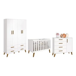 Quarto Infantil Retrô Ayla com Guarda Roupa, Berço e Cômoda Branco Fosco - Reller Móveis - 1