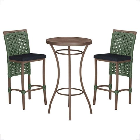 Mesa Bistro e 2 Banquetas Roma Marrom Corda Náutica 12 Verde