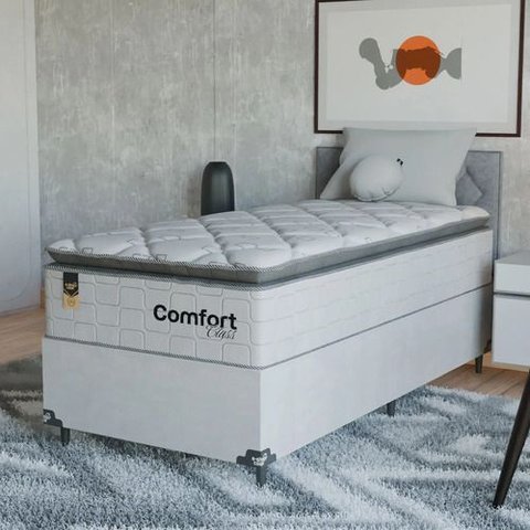 Cama Box Solteiro + Colchão Comfort Class Pillow Top 88x188 Branco/suede Branco
