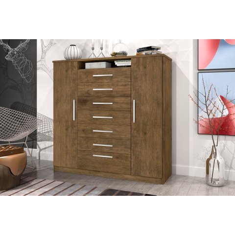 Cômoda MEG 2 Portas + 7 Gavetas Com Amplo Espaço Para Organização Cor Jequitiba JA