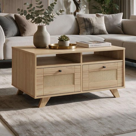Mesa de Centro para Sala de Estar 2 Gavetas 91cm Pés Retrô Tessaro A05 Carvalho - Lyam Decor