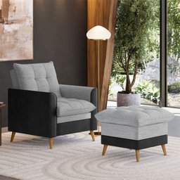 Poltrona York C/ Puff em Linho com Detalhes Courino Just Time - 3
