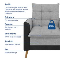 Poltrona York C/ Puff em Linho com Detalhes Courino Just Time - 2