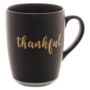 Caneca Em Cerâmica Bon Gourmet Thankful Preto E Azul 340ml