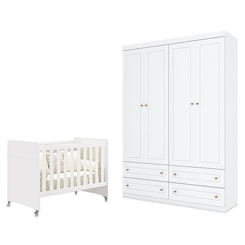 Berço Americano Evolution 4 em 1 Branco Acetinado e Guarda Roupa Infantil Americano 4 Portas Branco 