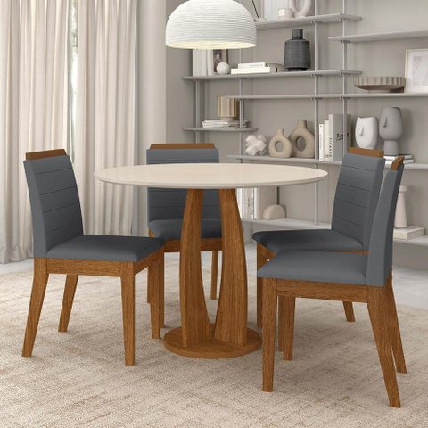 Conjunto Mesa Redonda Scala 4 Cadeiras Estofadas Frei/off/cinza - M.a Freijó/off Premium/cinza