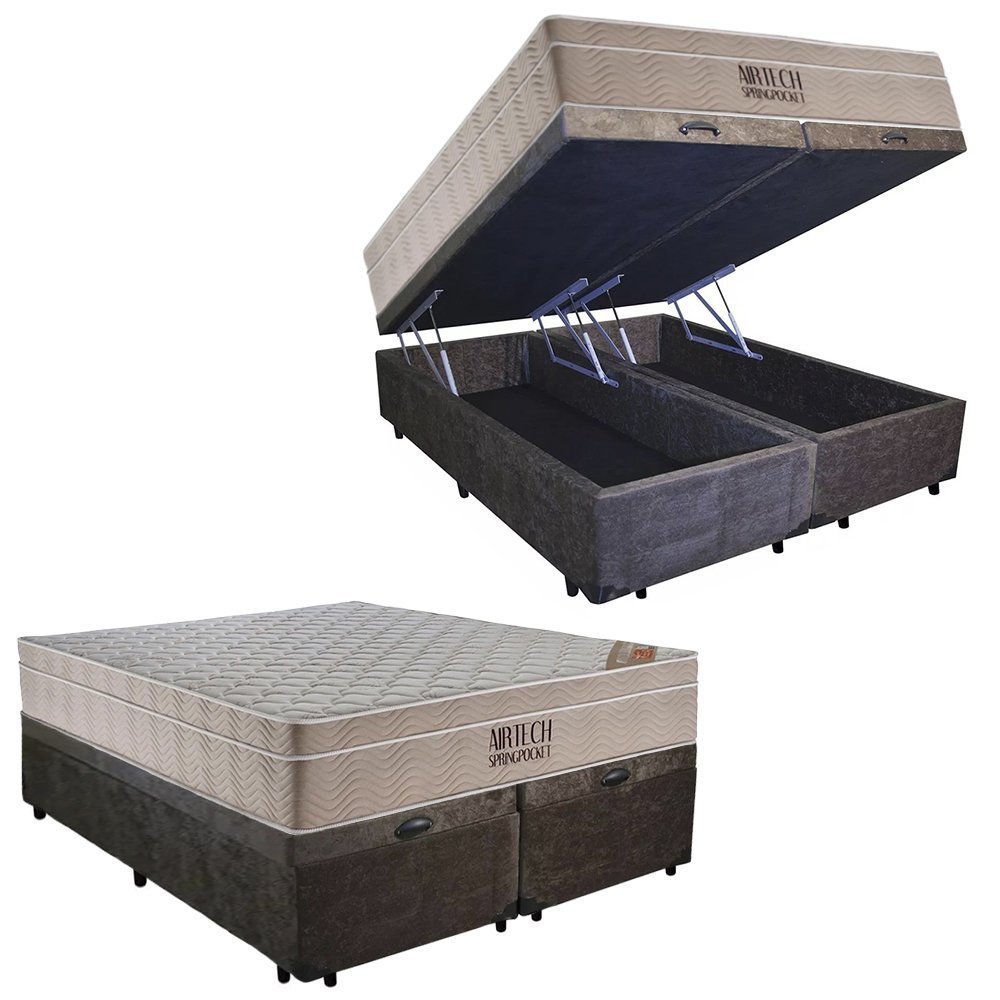 Cama Box Baú Casal Suede Bipartido + Colchão Ortobom Airtech Molas Ensacadas 65x138x188 Marrom