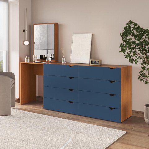 Cômoda Penteadeira Porto 8 Gavetas com Espelho 209x160cm Azul/Freijó 240891