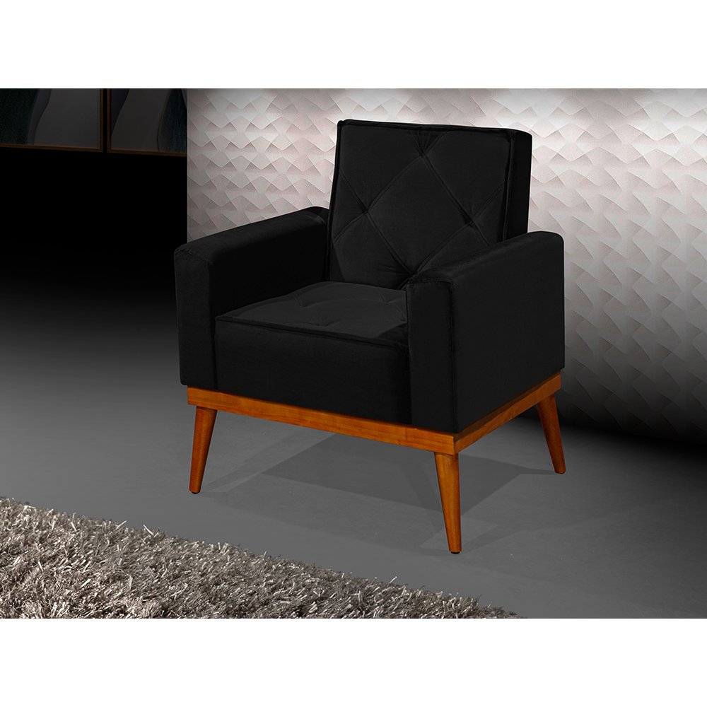 Kit 2 Poltronas Decorativa Florença Pés em Madeira Maciça Estofado Veludo - Preto - 2