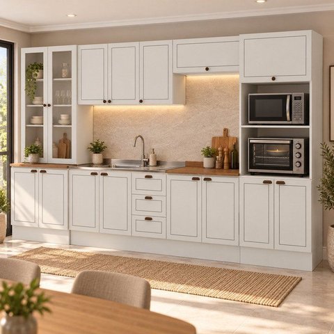 Cozinha Modulada Completa 6 Peças Modelo Americano Provençal com Rodapé S Branco/Ébano