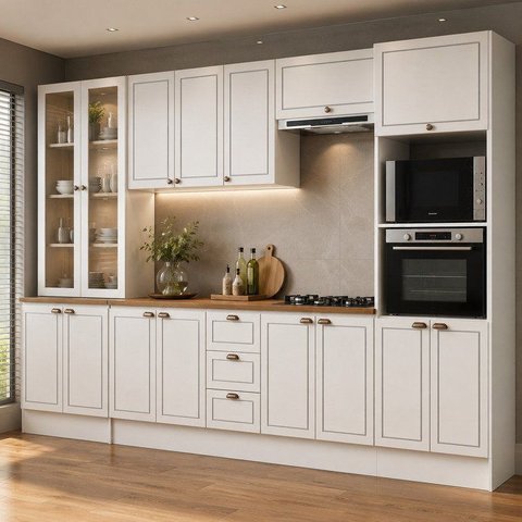 Cozinha Modulada Completa 6 Peças Modelo Americano Provençal com Rodapé S Branco/Ébano