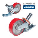 Ver imagem 2 de Kit 2 Rodízios Giratórios Roda Metálica Borracha Andaime 6" Trava Freio 800 Kg Reforçado Vermelho
