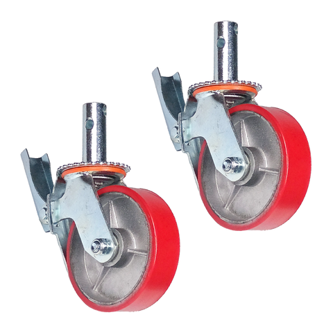 Kit 2 Rodízios Giratórios Roda Metálica Borracha Andaime 6" Trava Freio 800 Kg Reforçado Vermelho