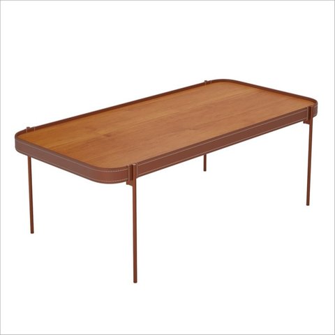 Mesa de Centro Melin G 110x52 Nature com Pés Metálicos Cobre Detalhes em Couro - Ofertamo
