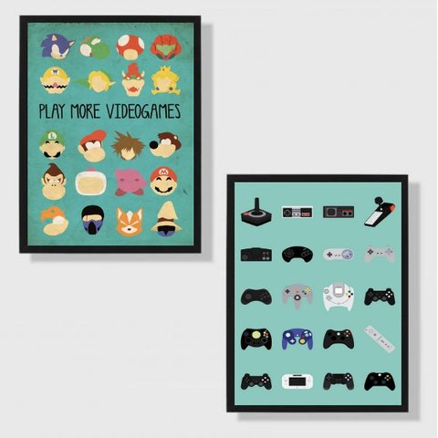 Kit 2 Quadros Gamer - Controles 24x18cm - com Vidro:moldura Preta