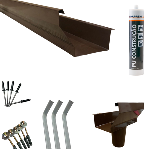 Kit 2,85 Metros Calha Beiral Galv. Marrom com Bico 75mm e Acessórios para Instalação