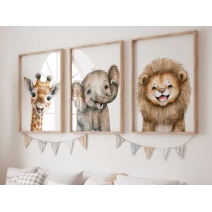 Kit 3 Quadros Animais Baby Safari Sorrindo Quarto Infantil Bebê