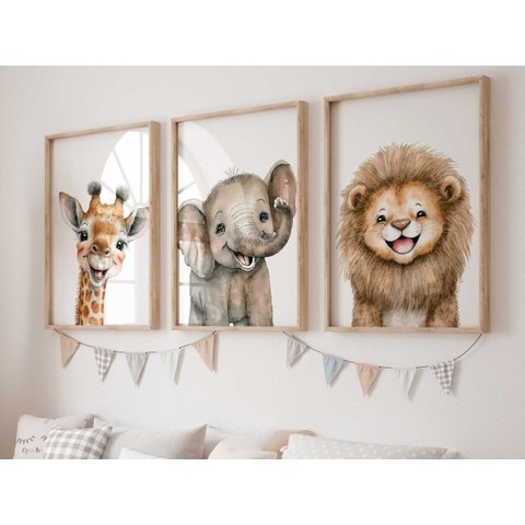 Kit 3 Quadros Animais Baby Safari Sorrindo Quarto Infantil Bebê