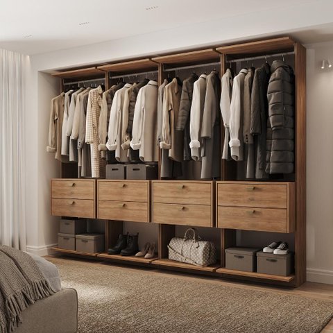Guarda-Roupas Closet Modulado Alasca 240cm 4 Peças com 8 Gavetas e Cabideiros Freijó Carraro