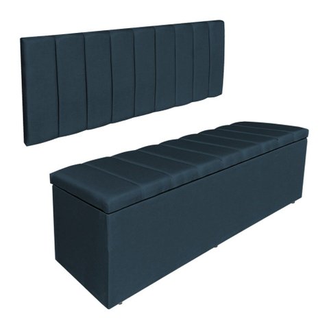 Kit Cabeceira Painel e Calçadeira Baú Casal Queen 1,60m Londres Veludo Azul Marinho Dal Poz Estofado