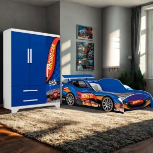 Kit de Quarto Infantil Carro Meninos Cama e Guarda Roupas:azul