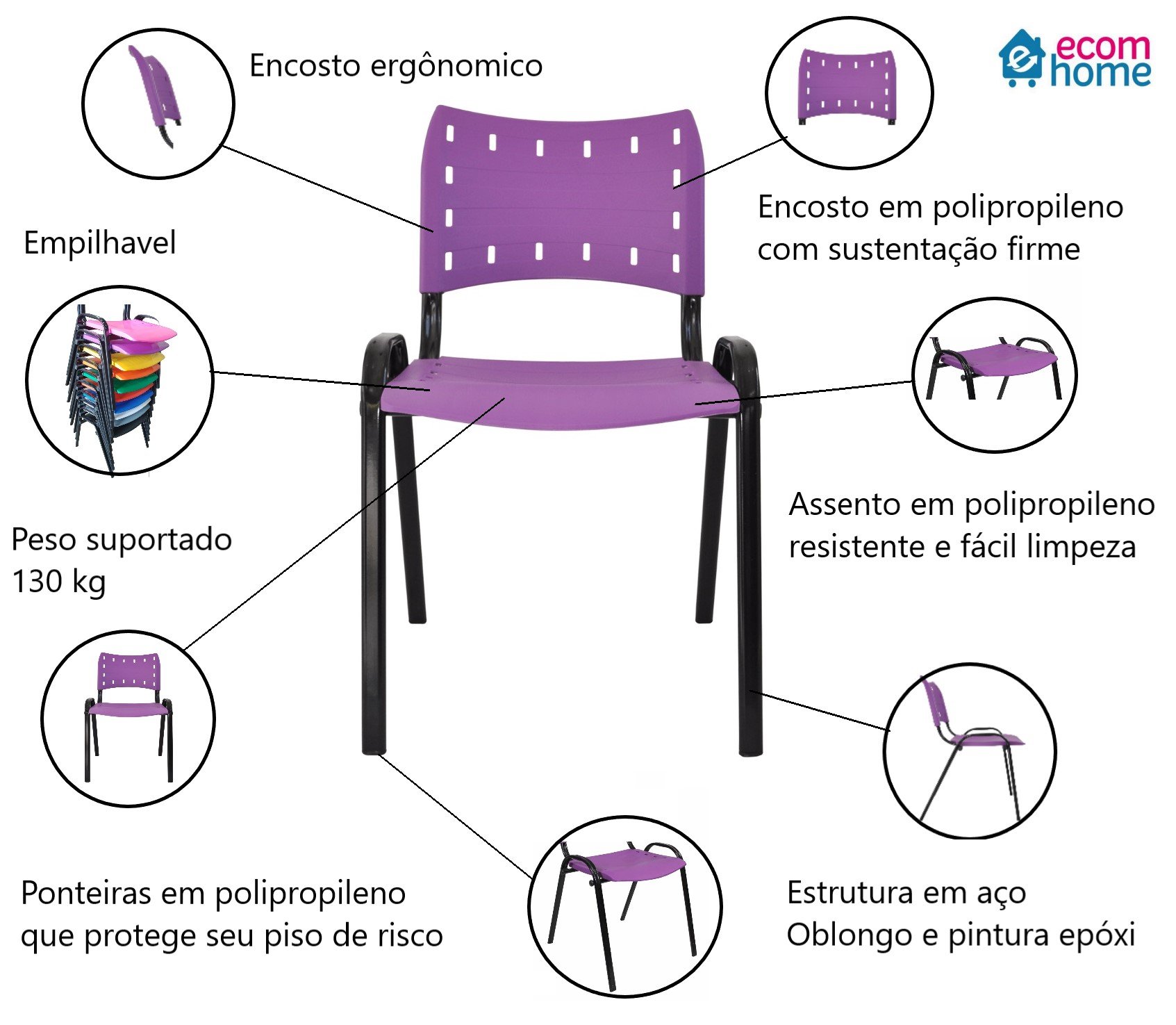 Kit com 10 Cadeiras Iso para Escola Escritório Comércio Roxa Base Preta - 7