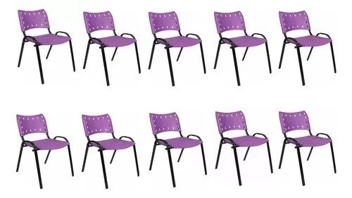 Kit Com 10 Cadeiras Iso Para Escola Escritório Comércio Roxa Base Preta - 1