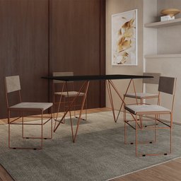 Mesa Jantar Industrial Trama 1,40x0,80m Preta com 4 Cadeiras Estofadas Vitória Bege e Cobre - 1