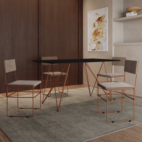 Mesa Jantar Industrial Trama 1,40x0,80m Preta com 4 Cadeiras Estofadas Vitória Bege e Cobre