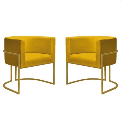 Kit 2 Poltronas Reforçada Decorativa Sala Nayara Base Ferro Dourado Suede Amarelo