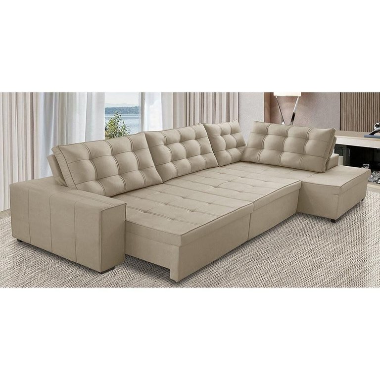 Sofá de Canto Retrátil e Reclinável com Molas 3,00x2,00 Ld Jacke Suede Bege Madelina Decor Sofá de Canto Retrátil e Reclinável com Molas 3,00x2,00 Ld Jacke Suede Bege Madelina Decor