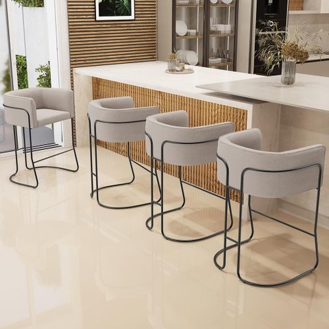 Kit 02 Banquetas Baixa Base de Aço Preto Betina D02 Bouclê Creme B-54 - Lyam Decor