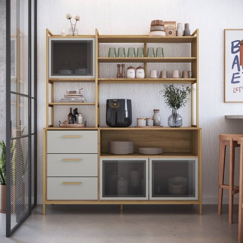 Cozinha Compacta com 3 Gavetas e 3 Portas de Vidro Marrom/Oak/Arena/Dourado