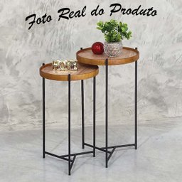 Mesa Lateral Canto Redonda Pequena Conjunto Apoio Sofá Ambiente Casa Sala Estar:tampos Madeirado Fer - 4