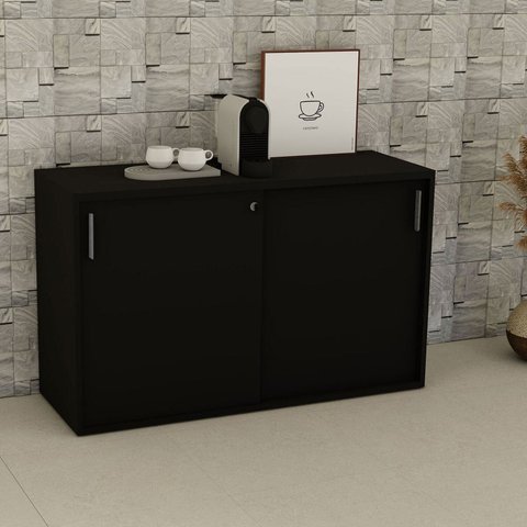 Armário para Escritório Baixo 120cm x 74cm com 2 Portas de Correr e Chave Corporate Preto