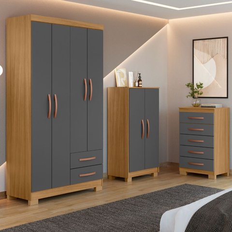 Guarda Roupa 4 Portas com Multiuso 2 Portas e Comoda 5 Gavetas Carvalho Grafite Clique Chique