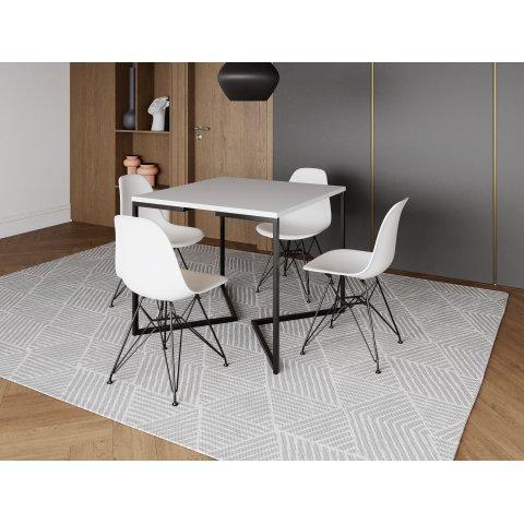 Mesa Industrial Base Ferro Preto em V Tampo 90x90 Branco 4 Cadeiras Eames Ferro Assento Branco