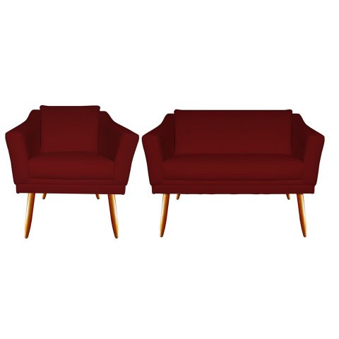 Kit Namoradeira + 1 Poltrona Decorativa Agatha Suede Marsala Pés Madeira Ms Decor