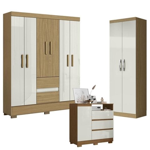 Guarda Roupa Casal Coimbra 2005138 com Armário Multiuso New 2000192 e Cômoda 2014143 Atacama Off Whi