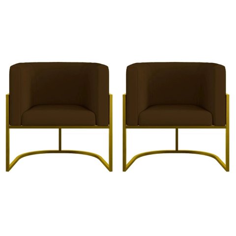 Kit 2 Poltronas Decorativa Luxo Base de Metal Dourada Escritório Recepção Sala Suede Marrom Eli Móve