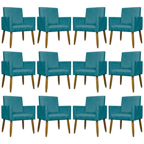 Kit 12 Poltronas Decorativas Mari Pé Palito Castanho - Azul-turquesa Suede