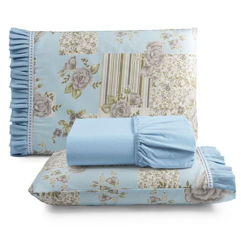 Jogo de Cama Lençol Casal Minuano 100% Algodão 3 Peças Azul 100% Algodão