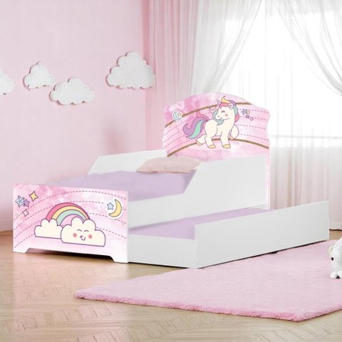 Mini Cama Infantil com Cama Auxiliar 153x79cm Personagens Unicórnio K02 - D’Rossi